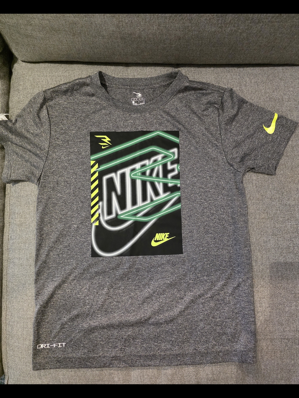 Nike Gray Dri-FIT Graphic Tee with Neon Accents Boys Size M 10-12yrs
